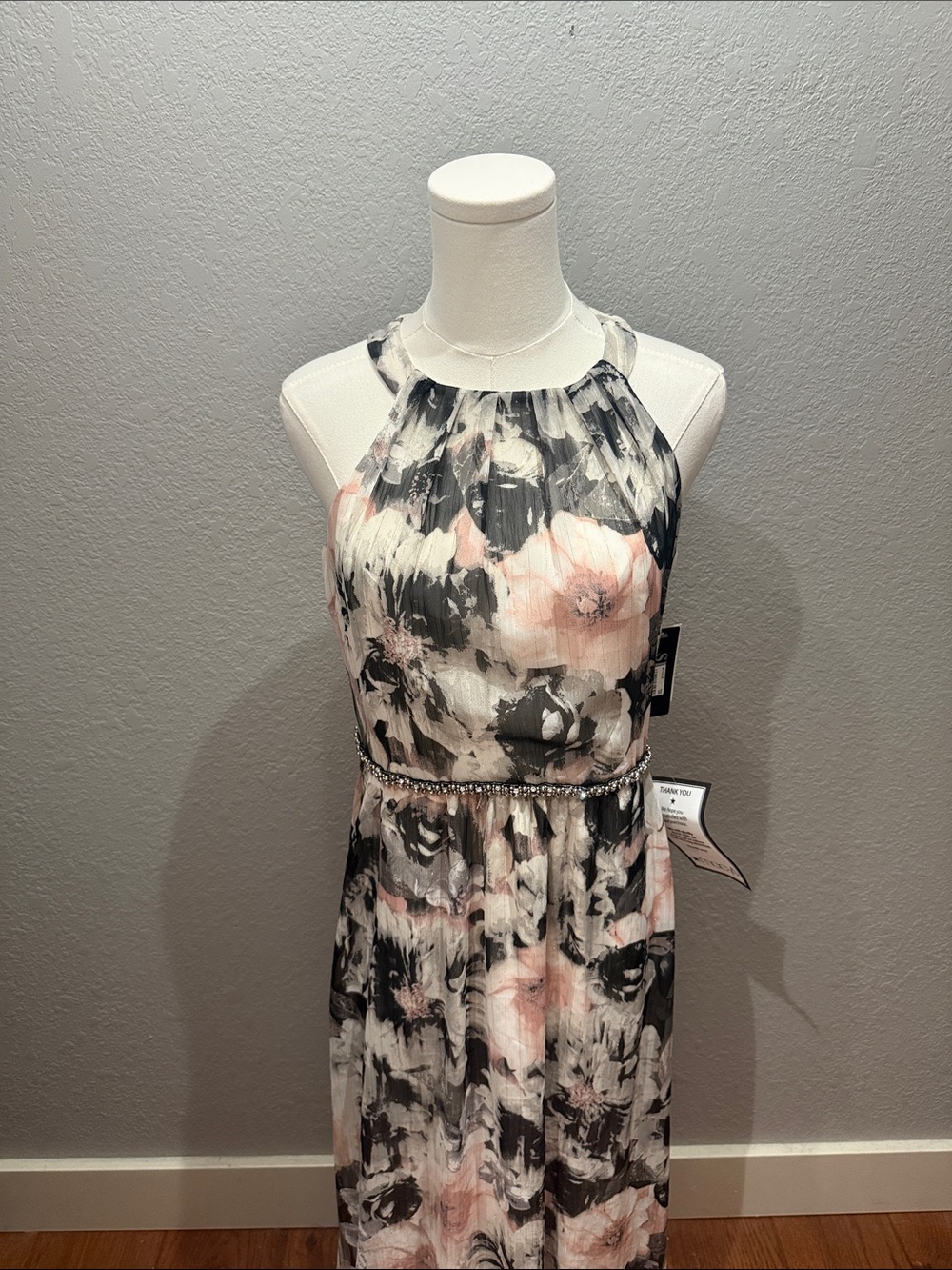 Floral Halter Maxi Dress in Blush and Gray